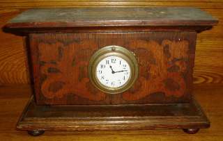 Antique Oak Folk Art Mantle Shelf w/ Automobile Clock  