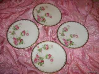 set of 4 ANTIQUE PLATES~PM Bavaria~Moschendorf~Shabby PINK ROSES~1890 