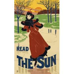  READ THE SUN GIRL ICE SKATING WINTER SPORT VINTAGE POSTER 