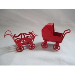   Vintage Red Metal  Baby Carriage  Doll House Furniture 2 X 2 Toys