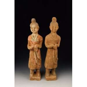  painted pottery royal attendant figurines, Chinese Antique Porcelain 