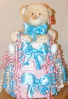 PINK TEAL TEDDY BEAR 2 TIER DIAPER CAKE BABY GIFT  