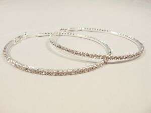 Large Silver tone Hoop Earrings small crystals New  