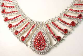 Wedding Bridal Bridesmaids Red Diamante Crystals Necklace Earrings Set 