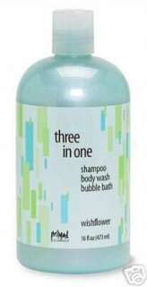 Three in one shampoo body wash bubble bath.