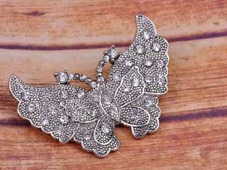  Silver Tone Metal Carved Crystal Rhinestone Butterfly Pin Brooch