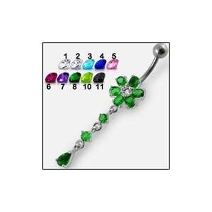    Flower With Dangling Gems Belly Ring Piercing Jewelry Jewelry