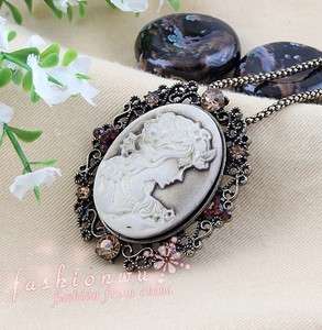 Old Bronze Plated Ellipse Coffee Nice Lady CAMEO necklace  