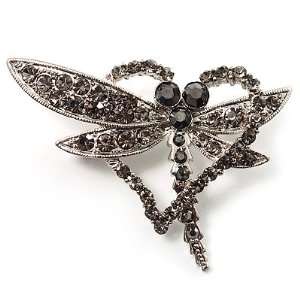    Ash Grey Crystal Butterfly And Heart Brooch (Silver) Jewelry