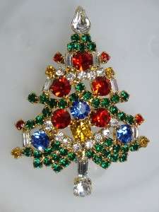 Vintage Signed OTC Rhinestone Christmas Tree Ornaments & Candles Pin 