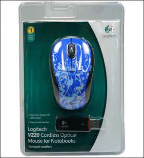 NEW Logitech V220 Cordless Optical Mouse  Blue Flourish  