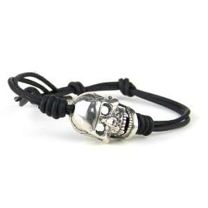 Chan Luu Silver Skull Single Wrap Bracelet on Black Leather BSM 2466