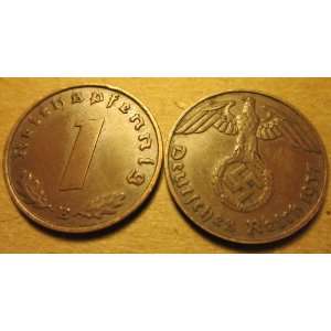    Copper Nazi 1 Reichspfennig WWII German Coin 1937E 