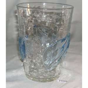  Retro crackle glass vase, clear with applied blue leaves 