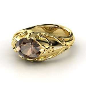    Hearts Crown Ring, Oval Smoky Quartz 18K Yellow Gold Ring Jewelry