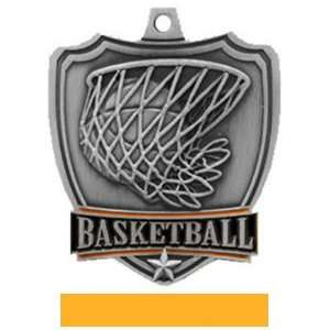 Custom Basketball Shield Medal W/Neck Ribbon SILVER MEDAL/YELLOW 