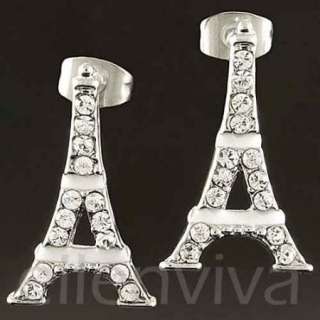 Cute Eiffel Tower Paris Clear Rhinestone Earrings Jewelry Silver Tone 