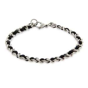  Unisex Slim Cuban Link Bracelet with Leather Inlay Eves 