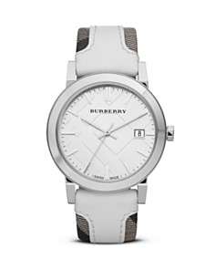 Burberry Silver Watch with White Check Strap, 38mm