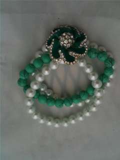   Pearl Turquoise Stretch Bracelet w/ Enamel Rhinestone Silvertone Clasp