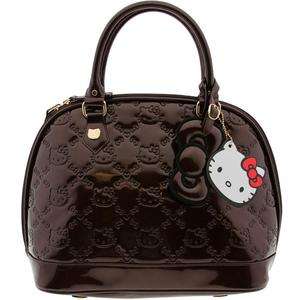 HELLO KITTY NEW SATCHEL TOTE BAG PURSE BROWN SHINY PATENT EMBOSSED BY 
