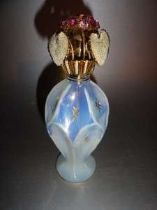 ANTIQUE FRENCH IRICE OPALESCENT PERFUME BOTTLE JEWELED W CORALENE 