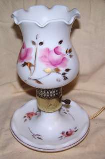 Vintage Hand Painted Pink Roses Milk Glass Dresser Lamp  