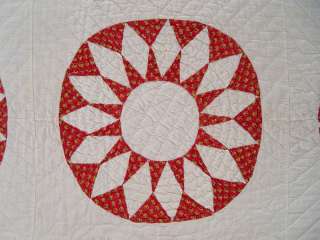 Antique Handmade SUNBURST SUNFLOWER Quilt Red Calico Compass 16 18 spi 