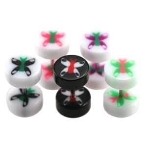 White Acrylic Fake Plugs with Pink and Green Butterfly Design   16G (1 