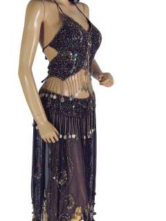 Gorgeous Hand Crafted beaded 2 PC set vibrant Black Belly dance Top 