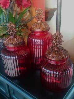 Set 3 Ruby Red Tuscan Kitchen Decor Glass Canisters New  