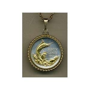   Toned Gold on Silver Bahamas Blue Marlin, Coin Necklaces Beauty