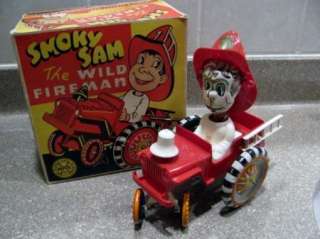 FIREMAN SMOKY SAM with BOX MARX Wild Windup WHOOPEE CAR  