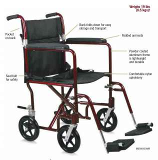 Medline Excel Aluminum Transport Chair Wheelchair 19 Lb RED or BLUE 