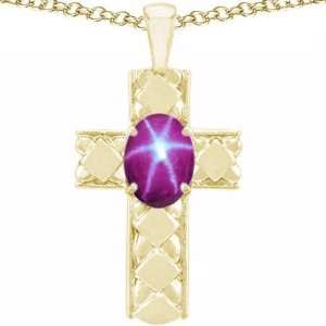   Gold Lab Created Oval Star Ruby Cross Pendant(Metalwhit Jewelry