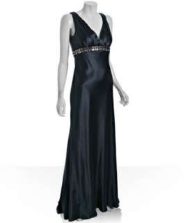 Carmen Marc Valvo sapphire satin beaded empire waist dress   