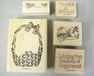 NEW 5 STAMPIN UP Mounted RUBBER CRAFT STAMPS Basket THANKS HAPPY 