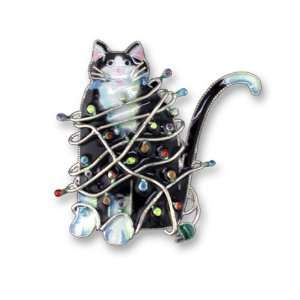    Decorated Christmas Cat Sterling Silver & Enamel Pin Jewelry