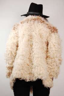 Vtg 70s Cream Marbeled MONGOLIAN LAMB FUR Rocker SHAGGY Coat Jacket S 