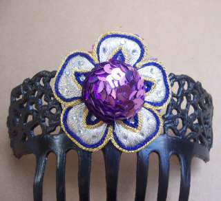 PRETTY VINTAGE SPANISH MANTILLA STYLE HAIR COMB WITH PURPLE SEQUIN 