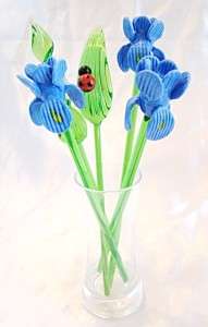 NEW Hand Blown Glass Iris Flowers & Leaves Set with Glass Vase and Red 