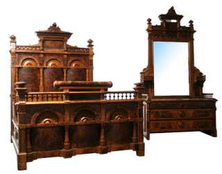 6590 19th C. American Burled Walnut Bed & Dresser  