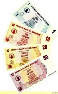 Reserve Bank of Zimbabwe $50 $20 $10 $1 Bearer Cheques  