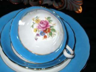 Royal Chelsea ROSE BOUQUET BLUE Tea Cup and Saucer TRIO  