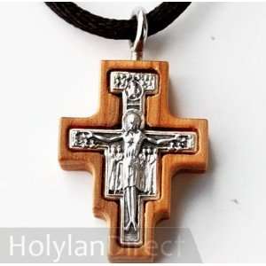  Olive Wood San Damiano Cross Pendant   Silver Crucifix 