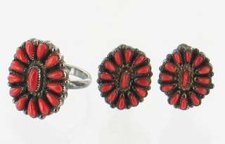   HATTIE RED CORAL PETIT POINT STERLING SIGNED RING EARRINGS SET  