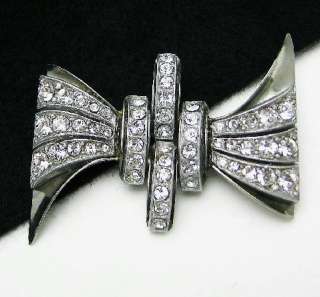Art Deco Rhinestone Brooch Pin Trombone Clasp Vintage Bow Tie  