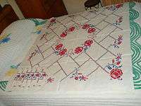 VINTAGE TABLECLOTH & MATCHING NAPKINS HAND EMBROIDERED WHITE LINEN 