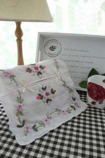 Delicate Ribbon Embroidery Cotton Tissue Box Cover Pink  