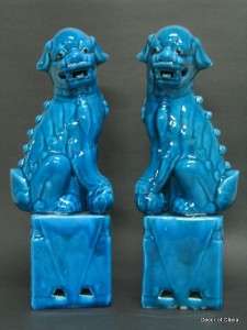 Pair Chinese Blue Porcelain Foo Dogs Statue 13H M20 02  